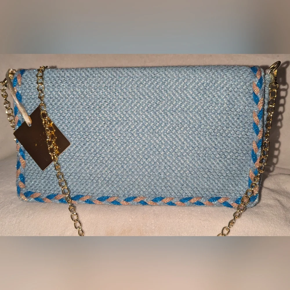 PHO Firenze Blue and Gold Chain Women's  envelope style bag.